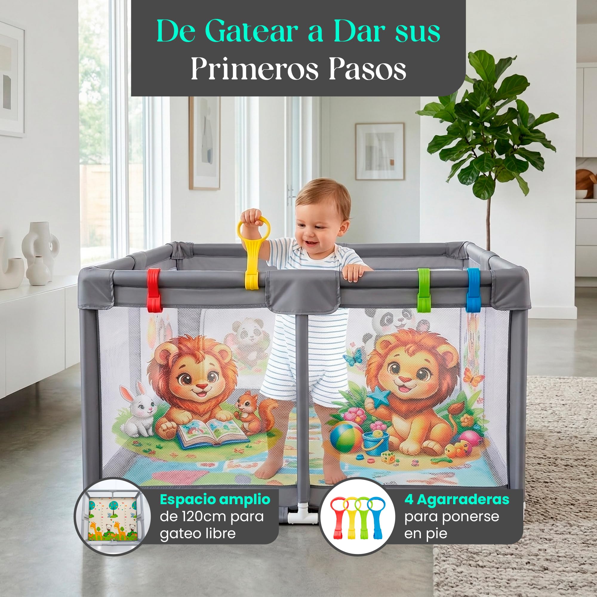 Ducory Parque Infantil Bebe 120X120 X75cm Altura, 2 Puertas, Alfombra Acolchada Plegable, Incluye Bolsa de Transporte + 4 Agarraderas + Juguete Educativo Musical + Sonajero, Corralito Bebe