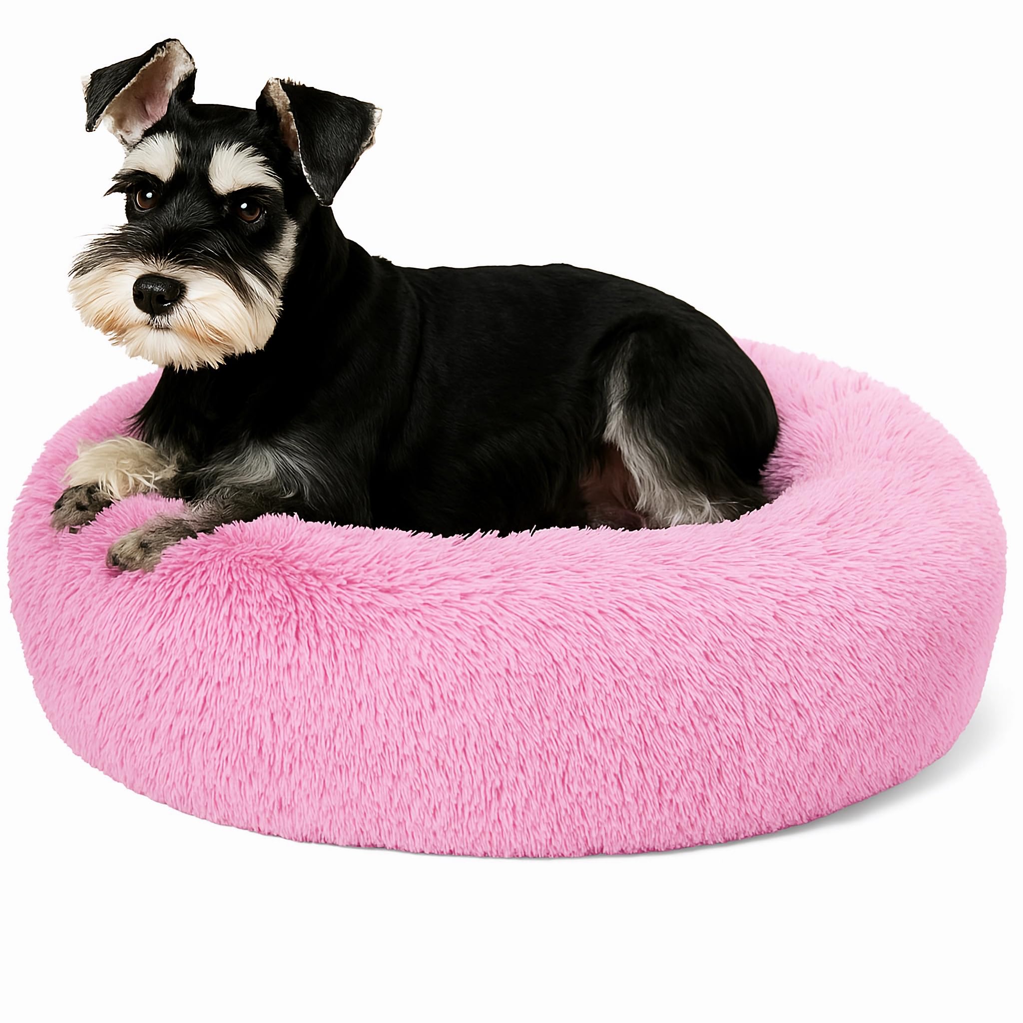 SEOUGEE Calming Donut Dog Bed, Fluffy Plush Round Cat Bed, Cosy Soft Washable Cushion Self-Warming Pet Beds Non-Slip Bottom, Indoor Sleeping Cuddler Nest for Small Medium Dogs (Light Pink 60cm)