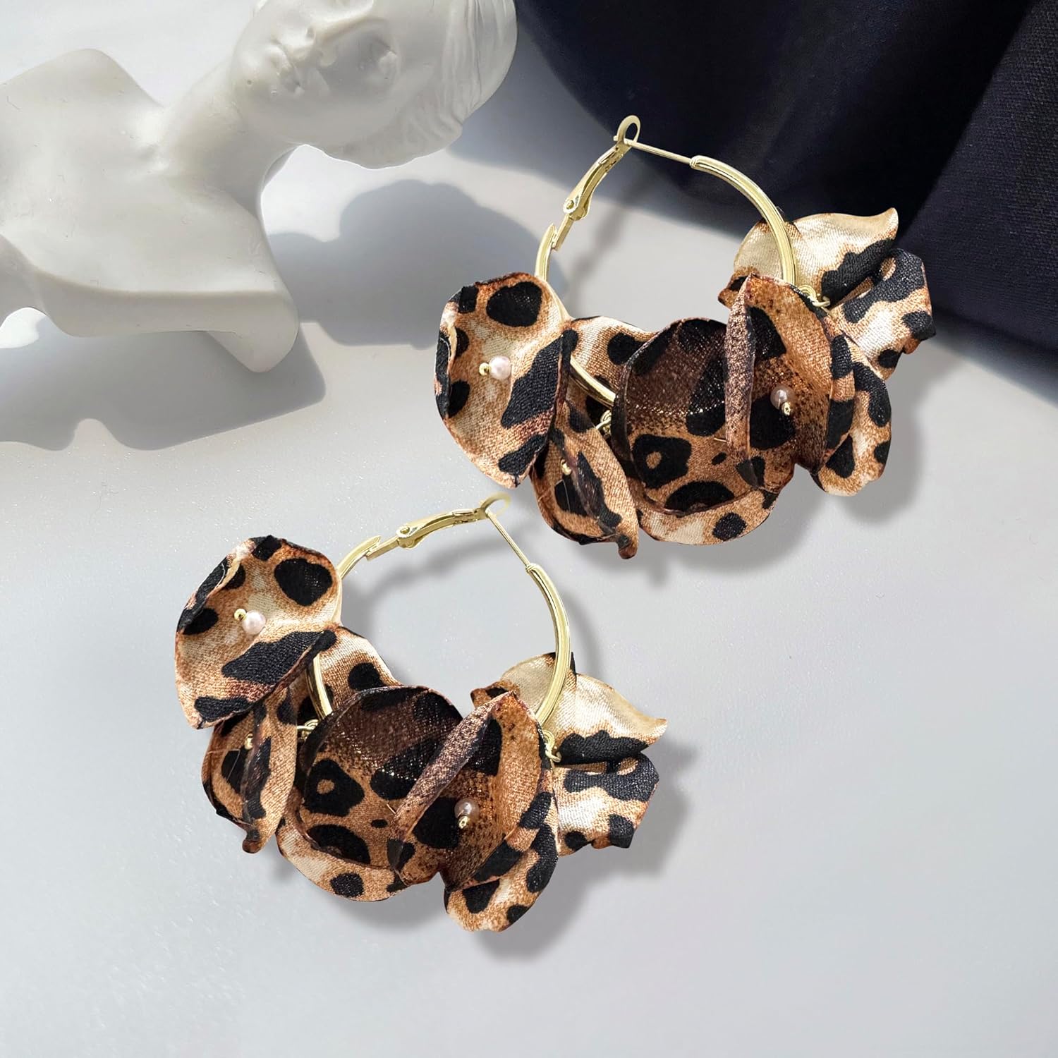 GPASTG Bohemian Fabric Flower Petal Pearl Dangle Drop Stud Round Hoop Earrings For Women - Image 5