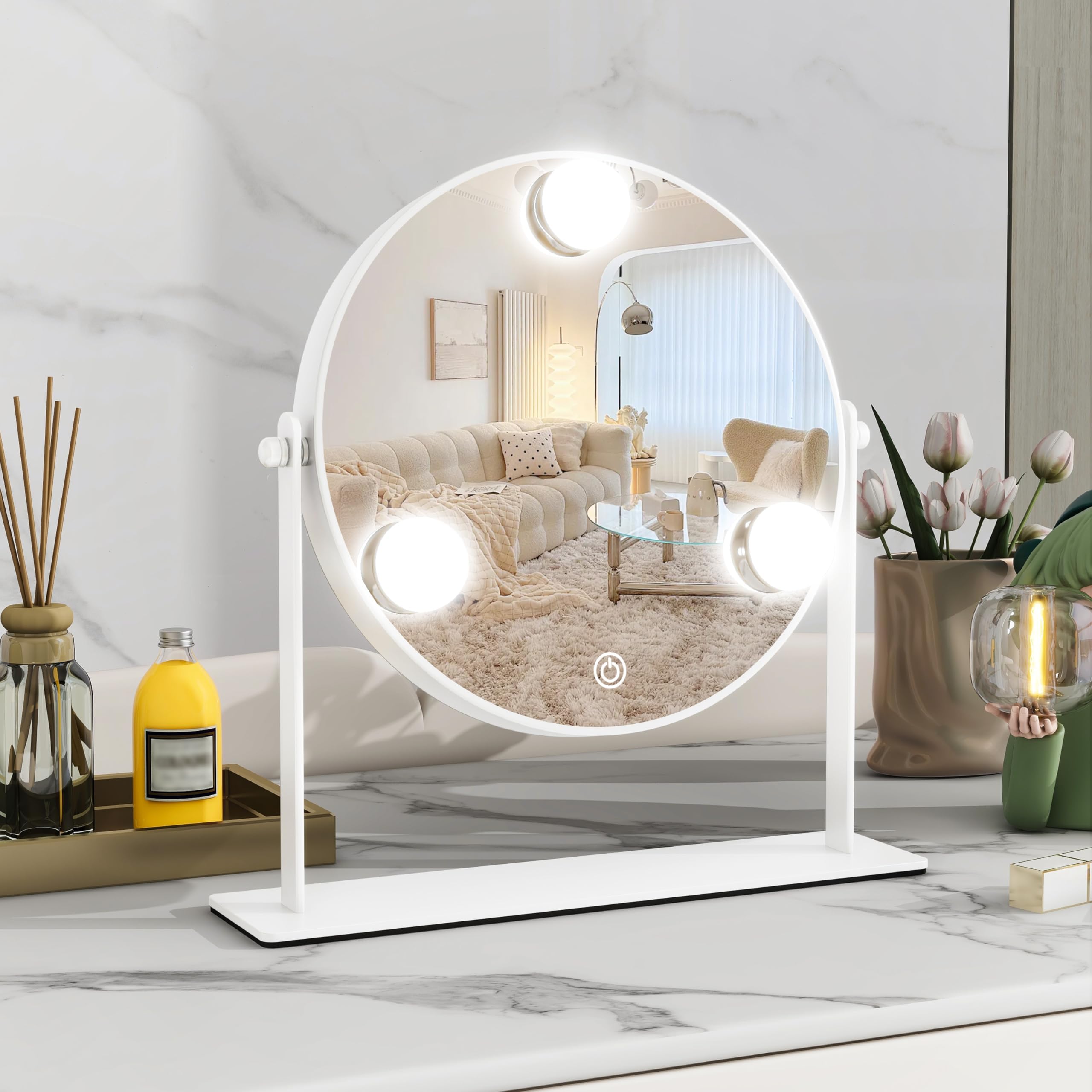 10"x10" Lighted Makeup Mirror, Hollywood Vanity Mirror with 3 Dimmable LED Bulbs, Dimmable Touch Screen, Light up Mirror, Portable Travel Mirror, 360° Rotation, White