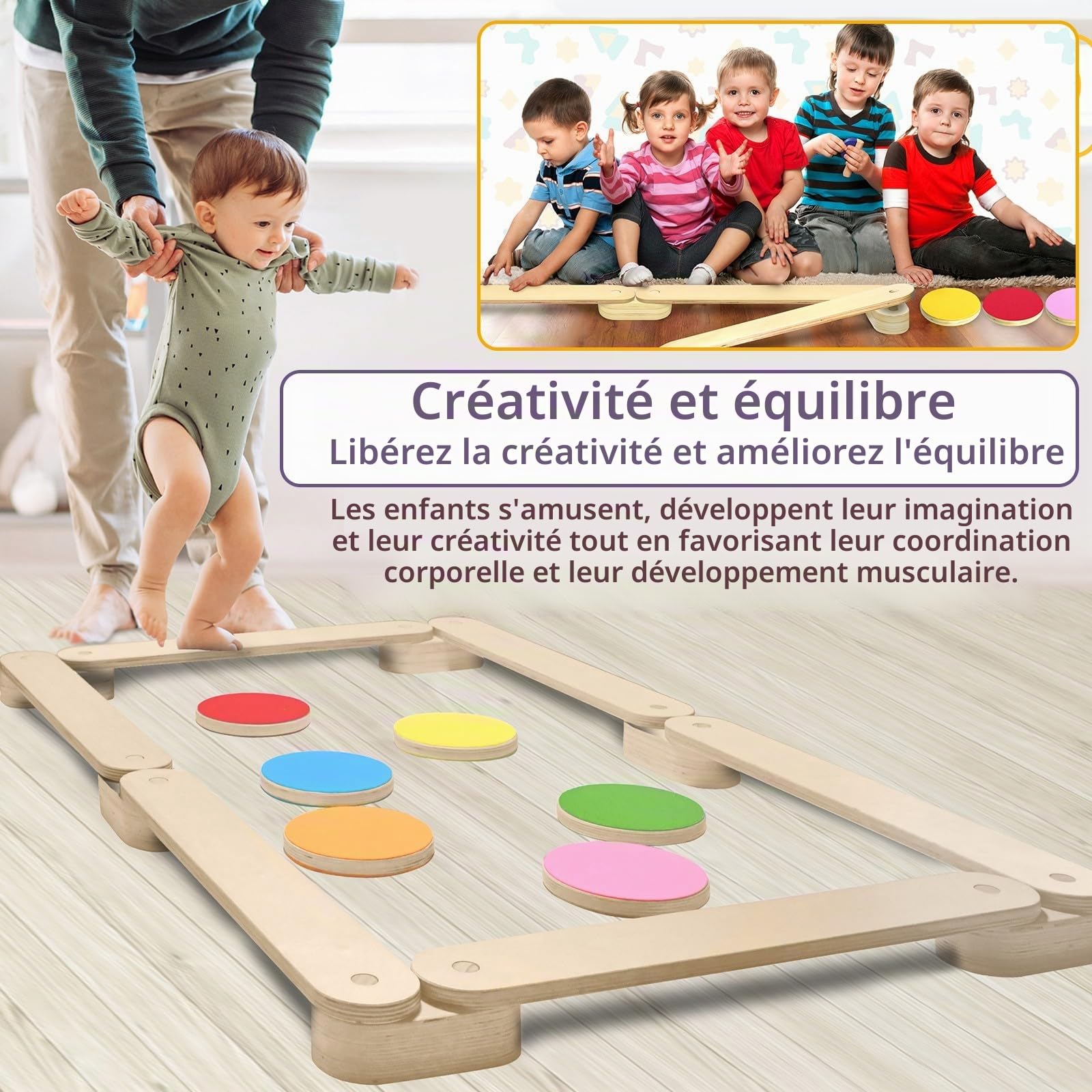 Poutre d'équilibre en bois avec 6 pierres d'équilibre pour enfants, jouet combinable intérieur extérieur à partir de 3 ans
