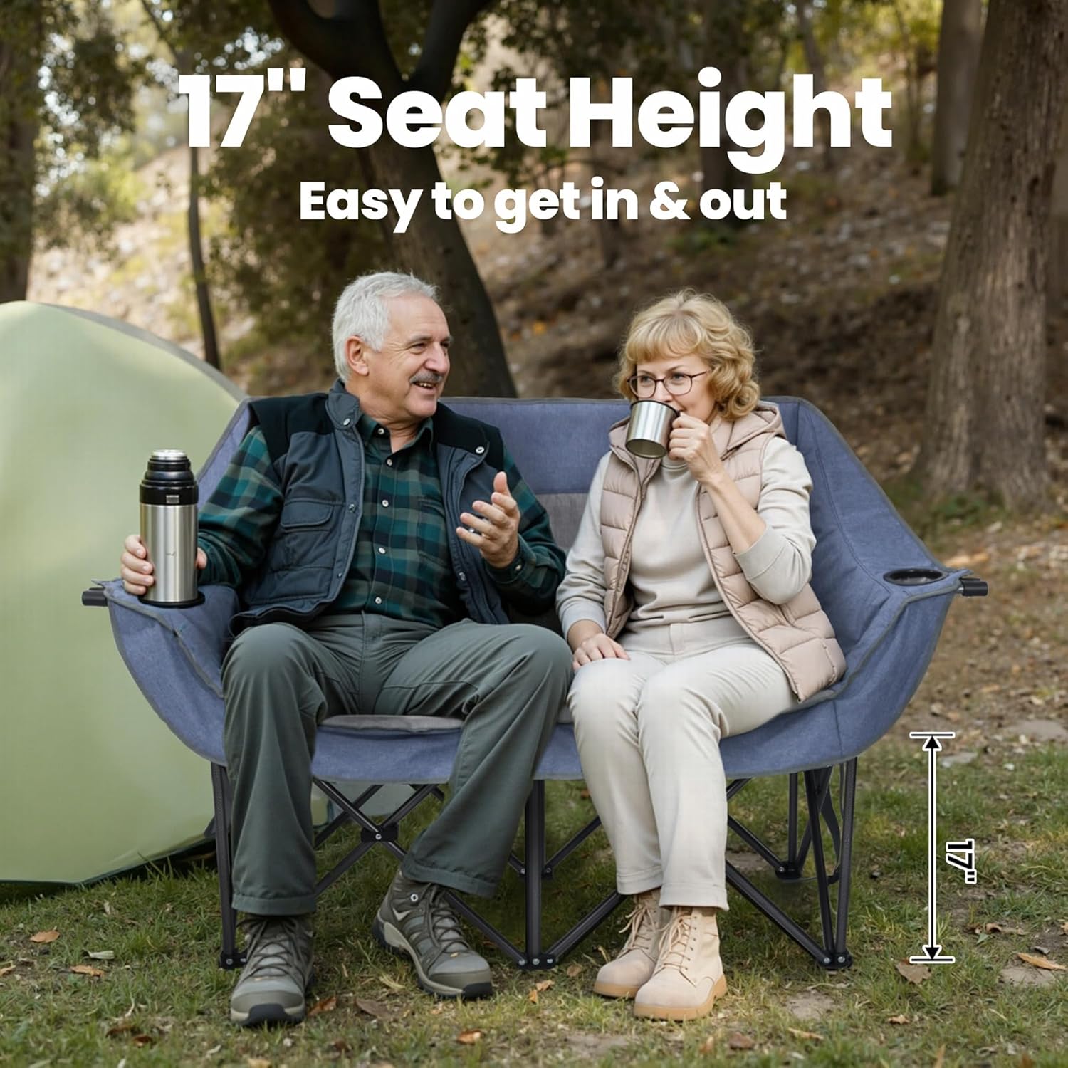 HOMECALL Double Camping Chair for Adults - Heavy Duty Folding Loveseat Support 700 lbs, 2 Person Padded Camping Couch Portable with Cup Holders & Storage Bag for Camping, Lawn, Sports, Blue