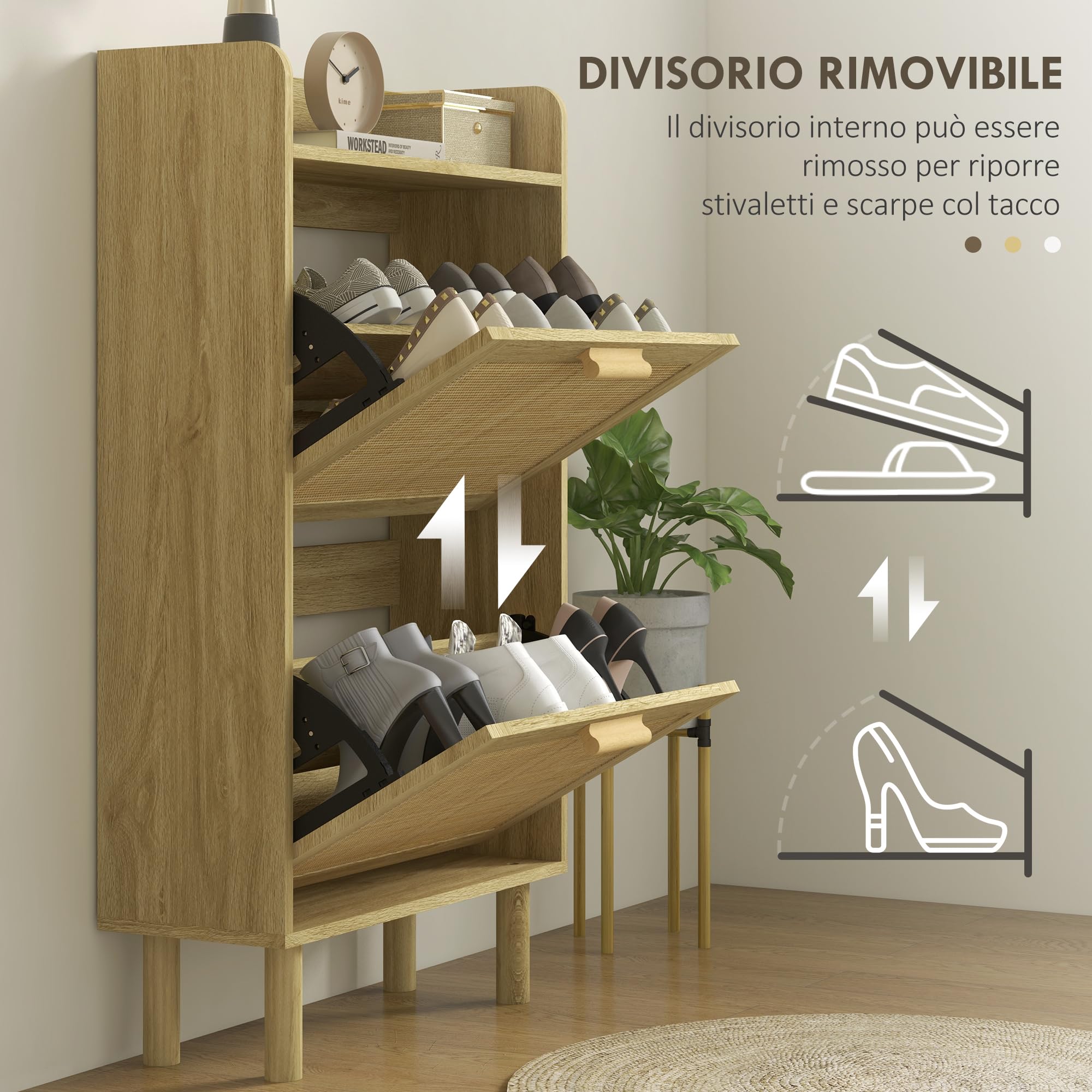 HOMCOM Scarpiera Salvaspazio Slim 2 Ante Ribalta 80x24.5x110 cm Rovere | Scarpiera Boho Ingresso, Ripiani Regolabili, Piano Superiore, 4 Gambe, Porta Scarpe per 12 Paia