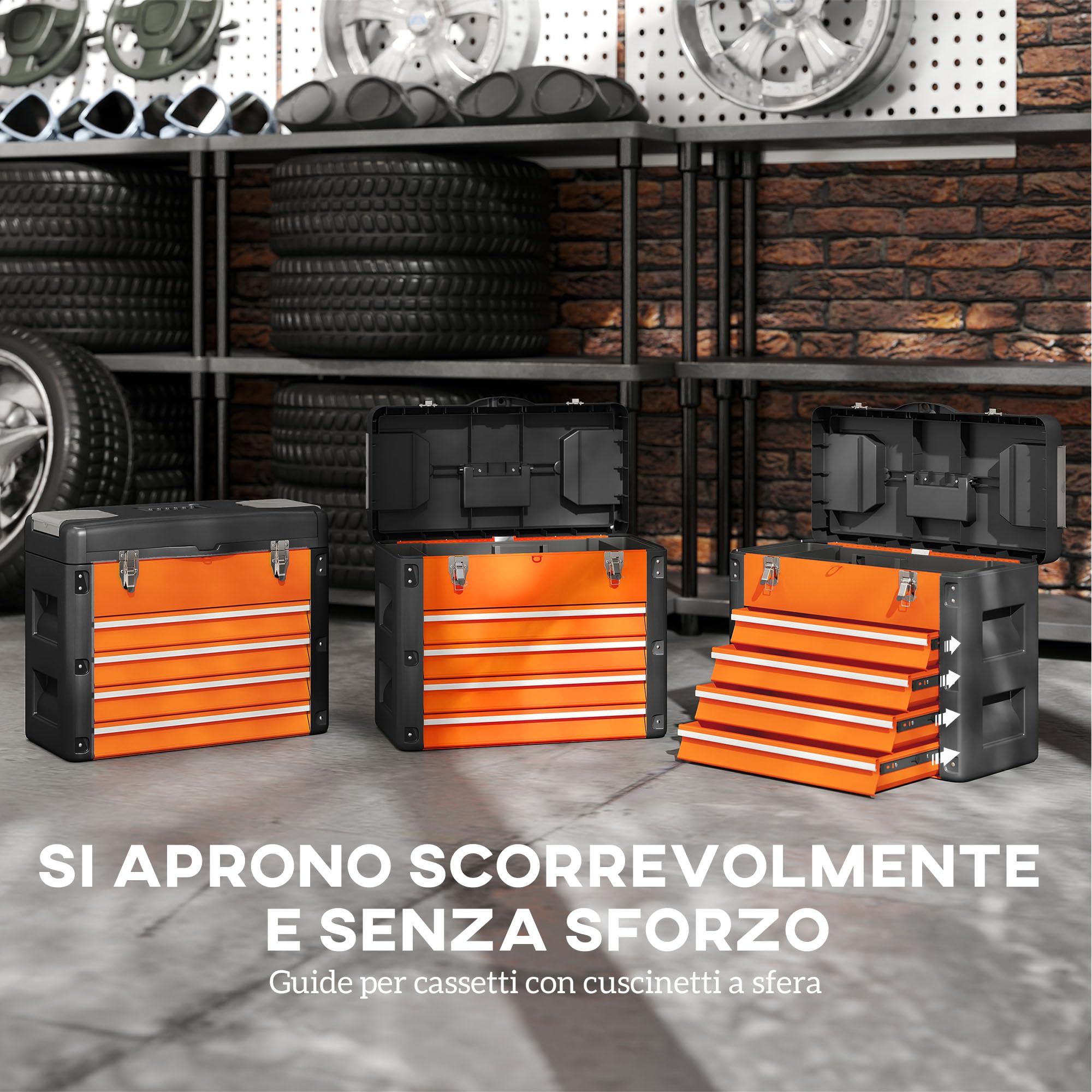 HOMCOM Cassetta Porta Attrezzi con 4 Cassetti Arancione e Nero | Scomparto Superiore, Cassettiera per Utensili e Minuterie, in Acciaio e Plastica