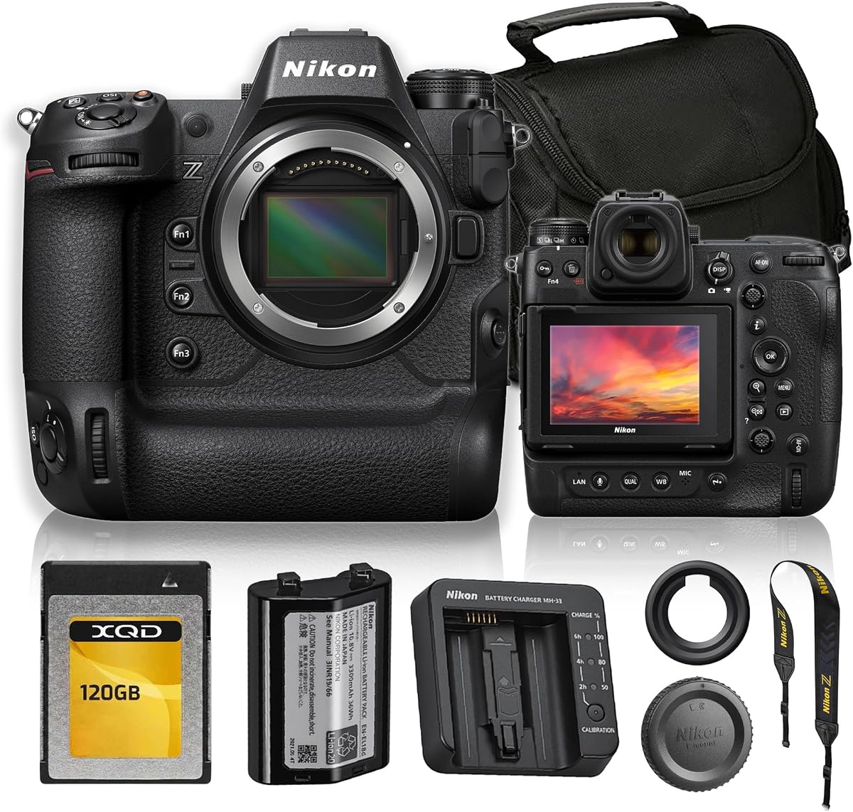 Paquete de cámara sin espejo Nikon Z9, cámara profesional de fotograma completo de 45,7 MP, vídeo 8K, EXPEED 7, AF de 493 puntos, paquete de ranuras CFexpress duales con tarjeta de memoria XQD de 120 GB + bolsa para cámara | Para fotografía y vídeo | Cámara sin espejo de fotograma completo de 45,7 MP | Marco completo + Tarjeta de memoria + Bolsa para cámara