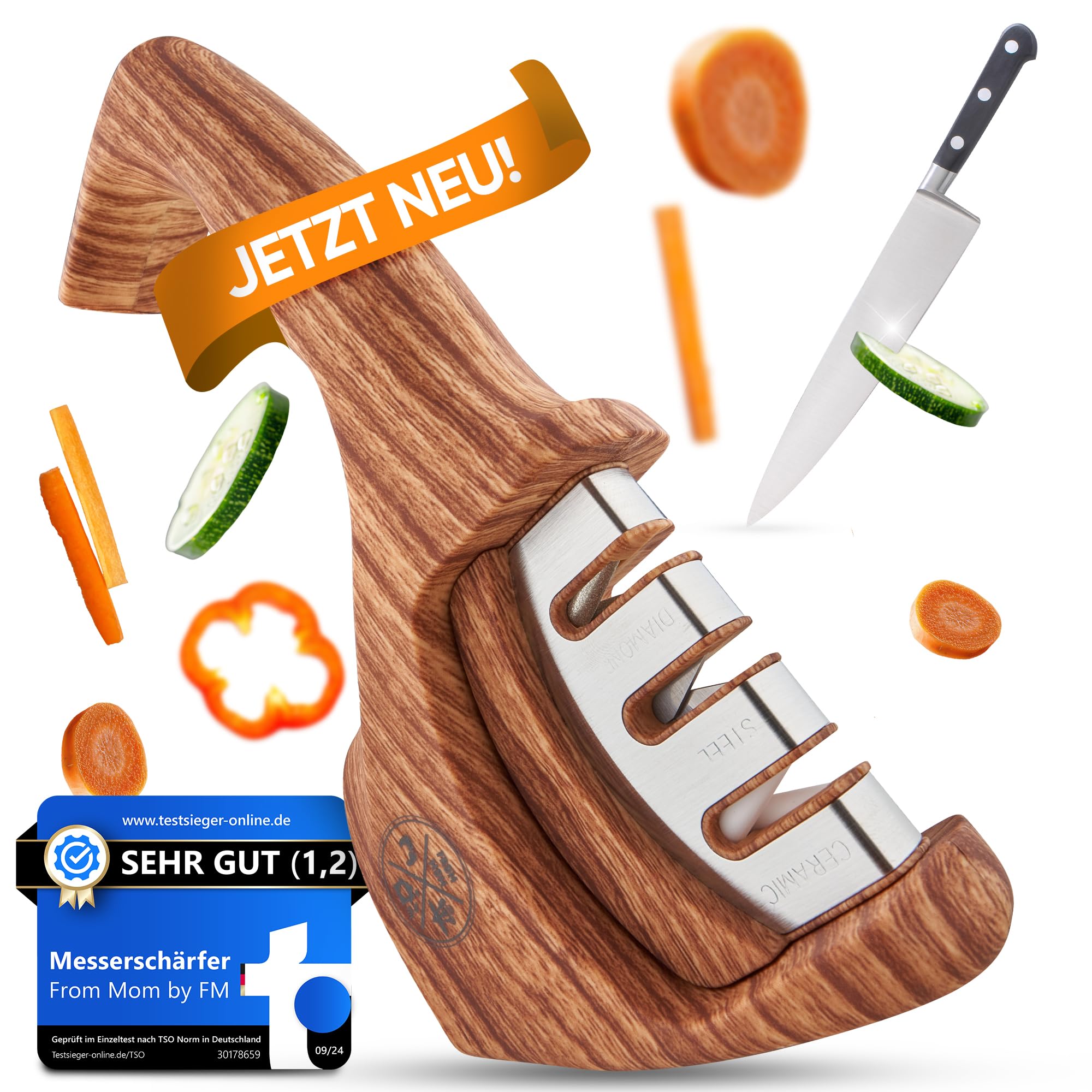Diamant Messerschärfer Profi [3-in-1] Testsieger Messerschleifer Profi für scharfe Messer | Knife Sharpener, Rollschleifer, Messerschleifmaschine für schnelles Schärfen – Das Original From Mom by FM