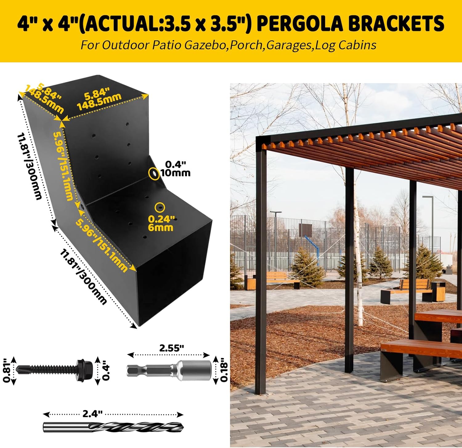 2-Way Pergola Brackets Kit, DIY L-Shaped Woodwork Brackets for 6" x 6" (Actual:5.5"x5.5") Lumber for Patio Pergolas, Gazebos, Log Cabin W/Hardware - 1 Pack