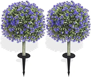Set of 2 Artificial Boxwood Topiary Ball Trees with Purple Flowers for Outdoor with Ground Spike 29.5", UV Resistant Faux Greenery Shrubs, Fake Plants for Garden, Porch, Patio Valentine's Day Decor