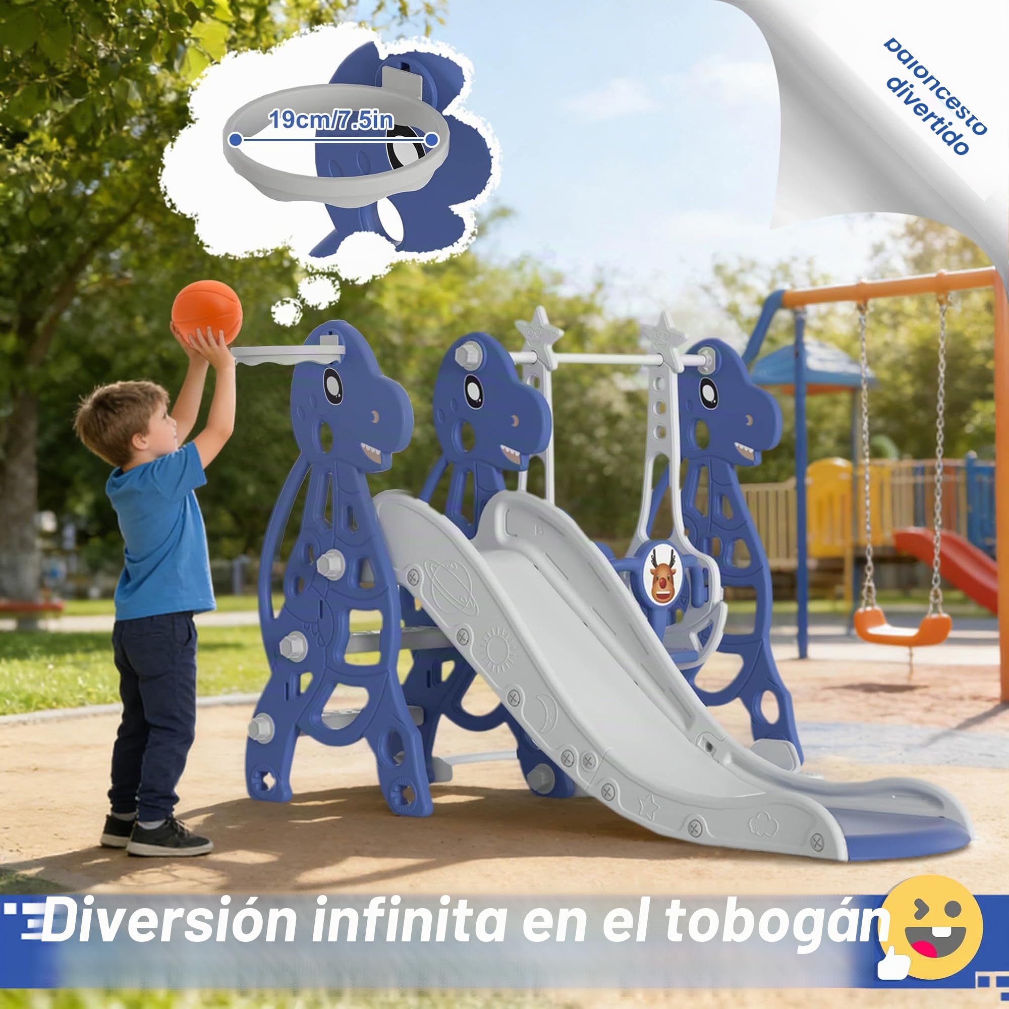 Froadp 4 en 1 Tobogán Independiente para Niños Slide de Juguete con Canasta de Baloncesto y Columpio para Interior y Exterior Tobogán Infantil Jardín Tobogán de Plástico PP y PE (Tipo B, 175x40x105cm)