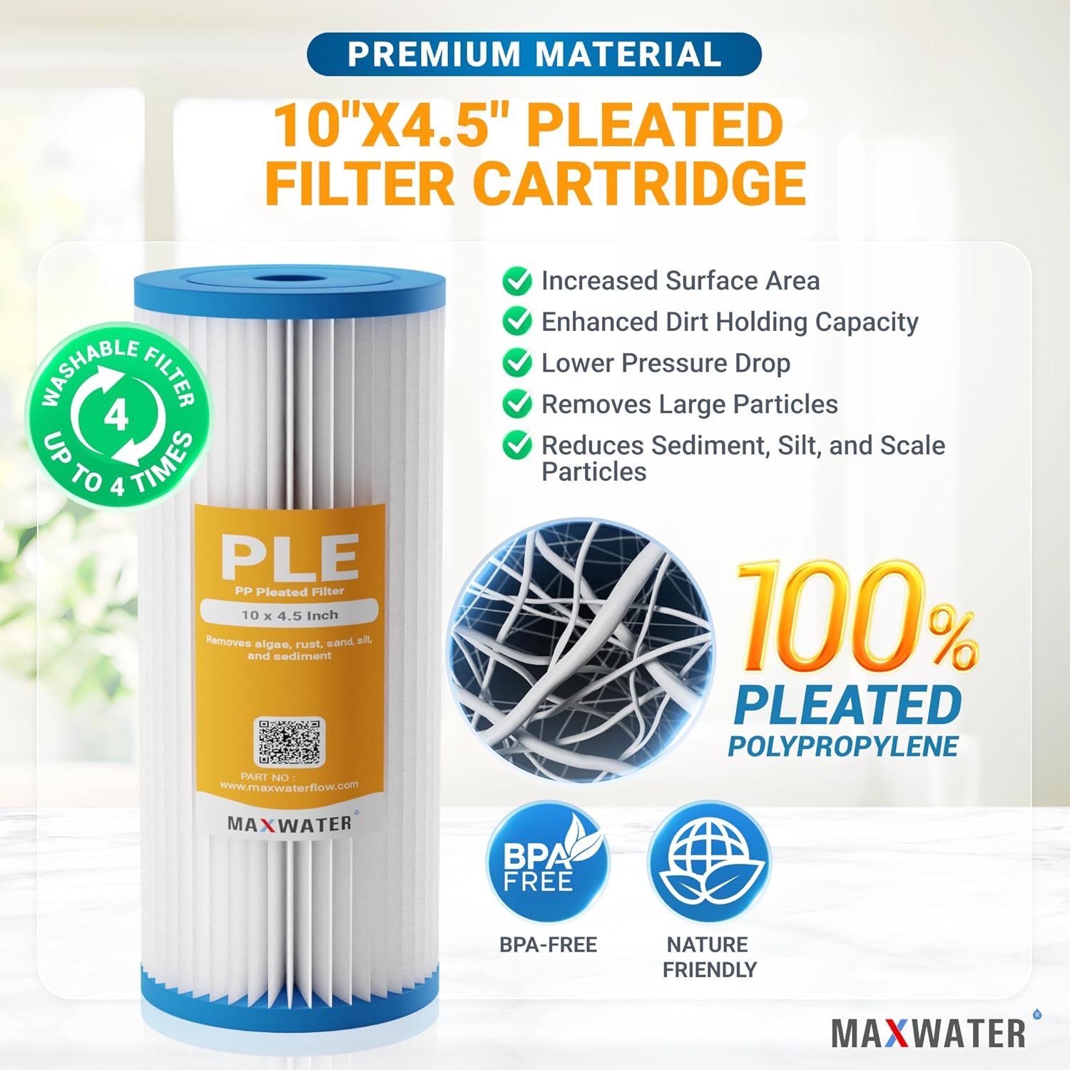 Max Water 50 Micron 10 x 4.5 Pleated Sediment Water Filter for Well Water, Whole House Water Filters Cartridges Compatible with R50-BBSA, FXHSC, WFHDC3001, W50PEHD, GXWH40L, 2 Pack