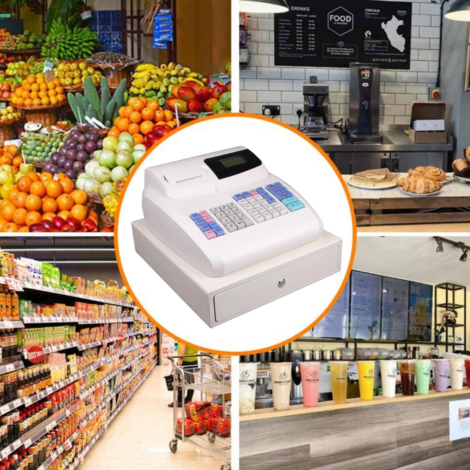 Caja registradora electrónica multifunción de 48 Teclas, Cajas Inteligentes con Impresora térmica, para Empresas, con Pantalla Principal y Pantalla para Clientes (White)