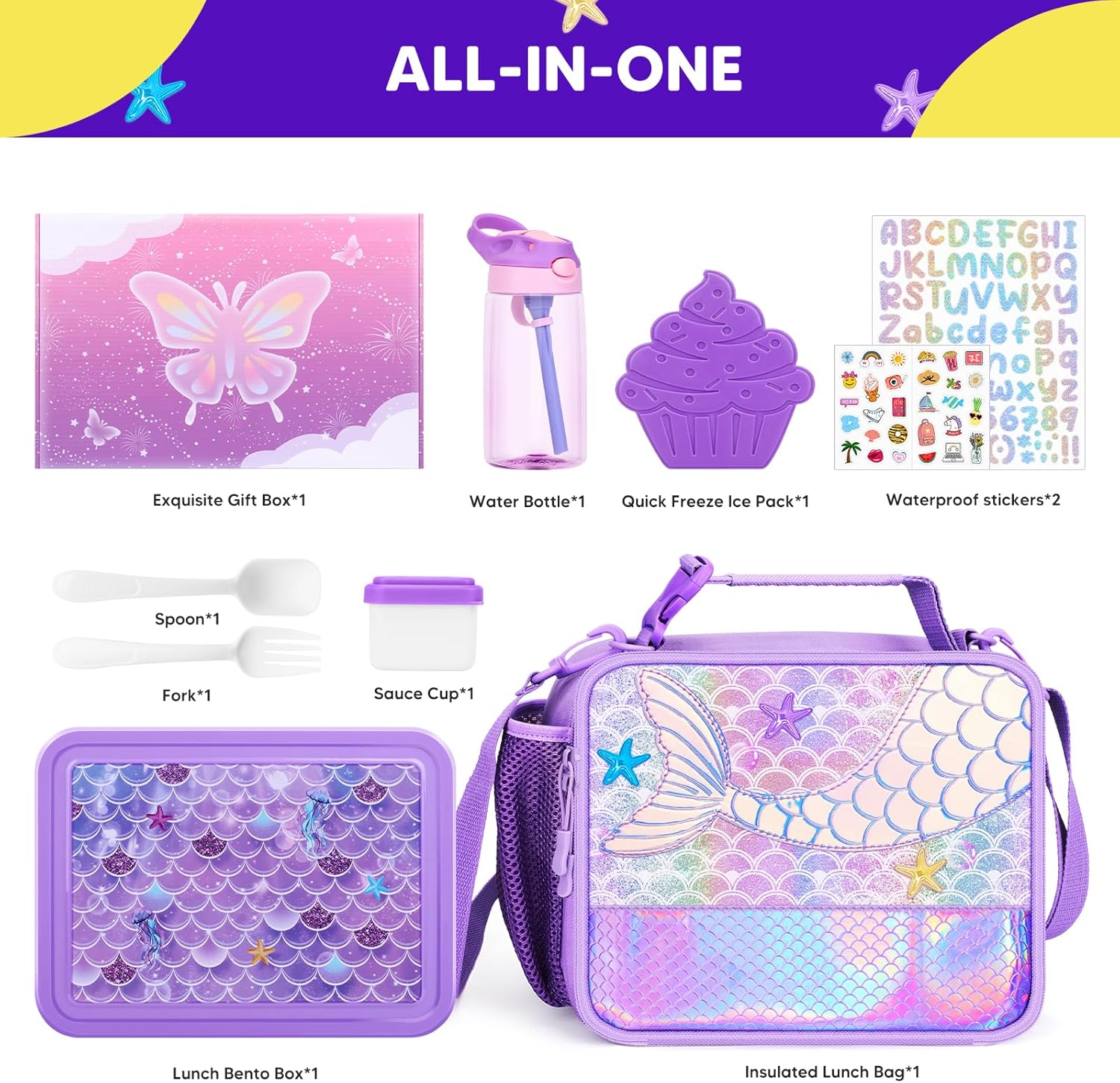 JYPS Mermaid Bento Box for Kids with Insulated Lunch Bag, Lunch box Set with kids water bottle,Sauce Container,Ice Pack,Utensils,Perfect Lunch Container for Girls and Toddlers Back to School Age 7-15 - Image 2