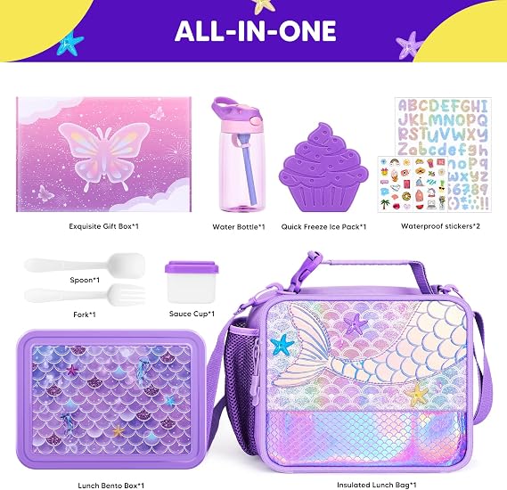 JYPS Mermaid Bento Box for Kids with Insulated Lunch Bag, Lunch box Set with kids water bottle,Sauce Container,Ice Pack,Utensils,Perfect Lunch Container for Girls and Toddlers Back to School Age 7-15