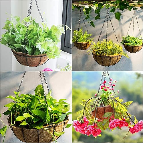 Miniatura 6 de EIMQUVW Macetas colgantes de metal para exteriores (paquete de 4, 10 pulgadas) cestas colgantes para plantas, cadena redonda de alambre con forros