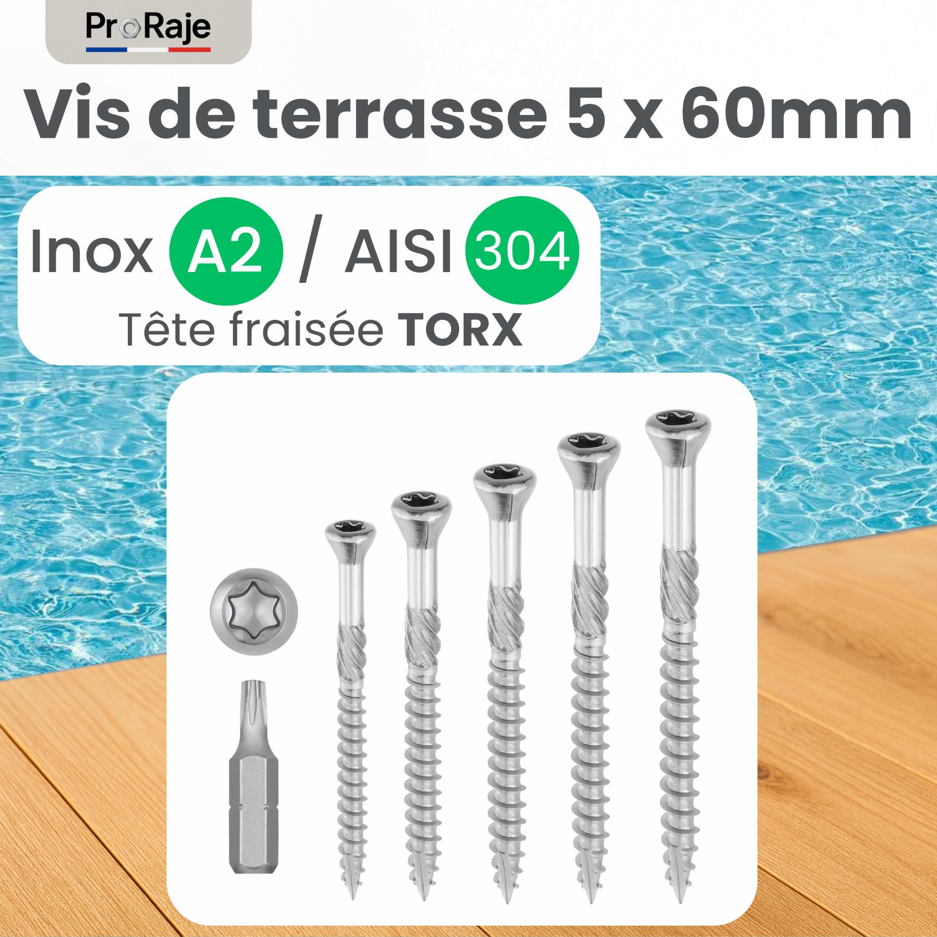 Vis de terrasse INOX A2 : 5x60 mm tête fraisée réduite TORX Ø 5 x 60mm | Vis à bois 60 mm terrasses/planches/bardages | Acier Inoxydable A2 (V2A/304) | 1 embout inclus : LOT DE 200 Pcs