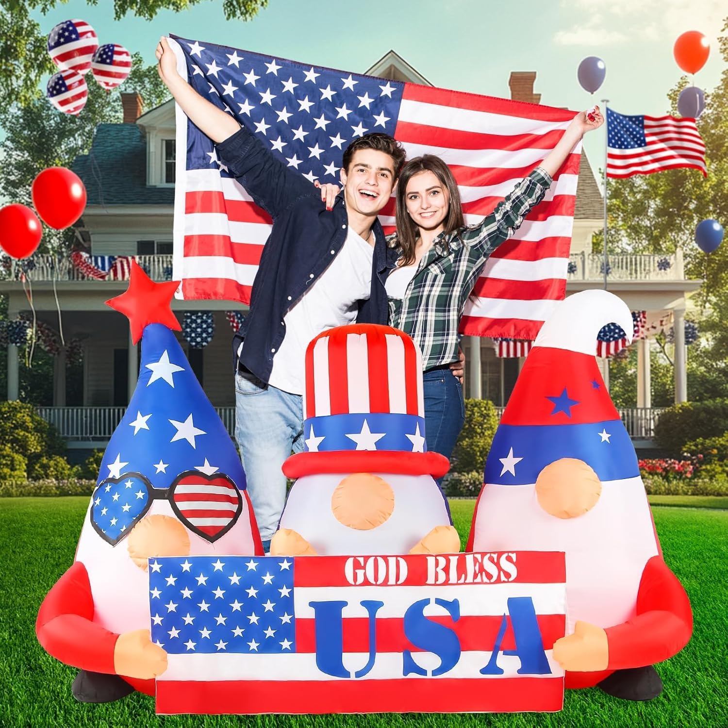 4th of July Inflatables Outdoor Decorations 6FT Long Patriotic Inflatable Memorial Independence Day Blow Up Gnome American Flag Led Lights Fourth of July Blow Ups Garden Yard Lawn Décor