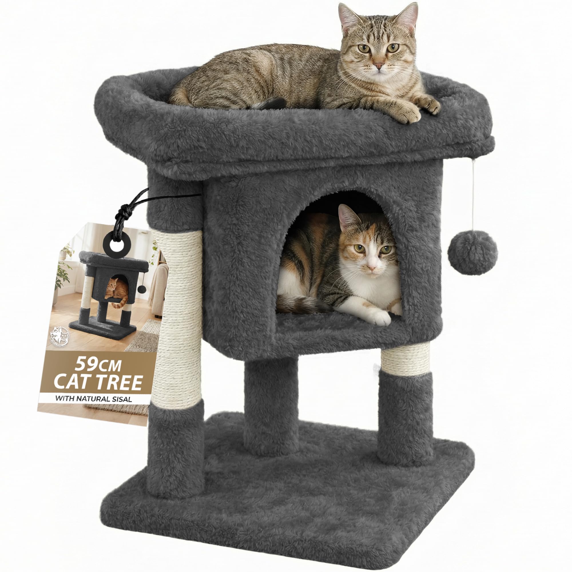Cat Tree 59cm | Cat Tower with Oversized Perches, Condo and Hanging Ball | Pet Furniture House for Kittens | Cat Scratching Post for Scratching, Playing and Sleeping | Grey