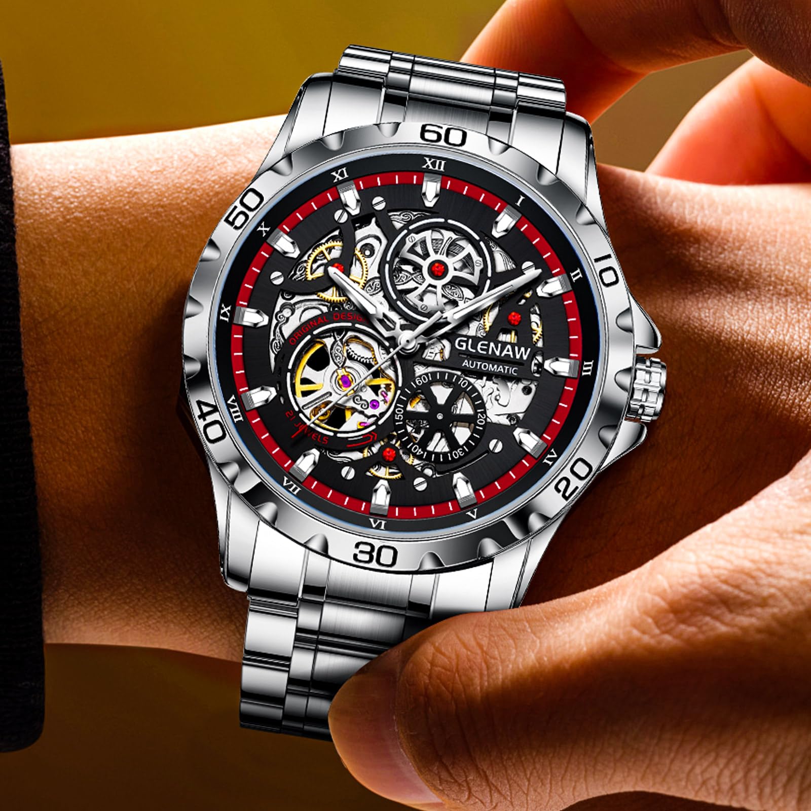GLENAW Automatikuhren für Herren, mechanisch, selbstaufziehend, Skelett-Zifferblatt, 30 ATM wasserdicht, mit Edelstahlband, Armbanduhr – stilvolles Geschenk für Herren