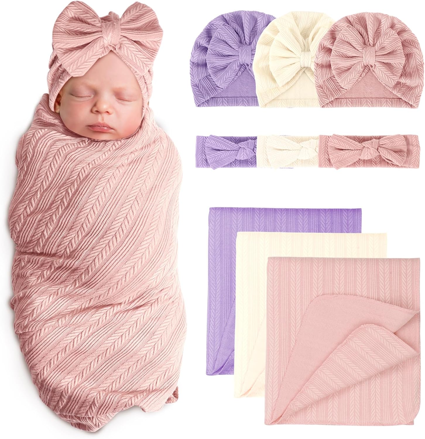 AQOKKA Newborn Receiving Blanket with Bow Hat Headband Set Wheat-Pattern Newborns Toddler Baby Boy Girl Nursery Swaddle Wrap