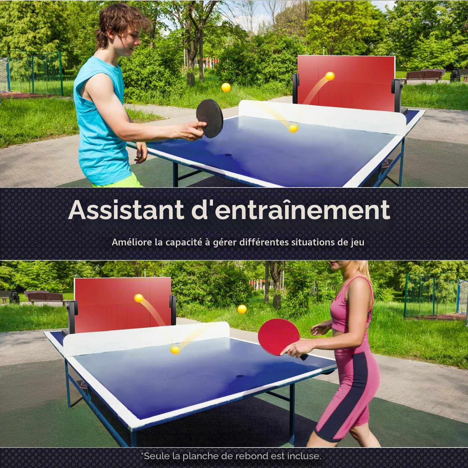Ping Pong Rebounder Planche de tennis de table rebond avec 8 caoutchoucs rouges, équipement d'auto-entraînement pour la maison, la gym, l'intérieur et l'extérieur