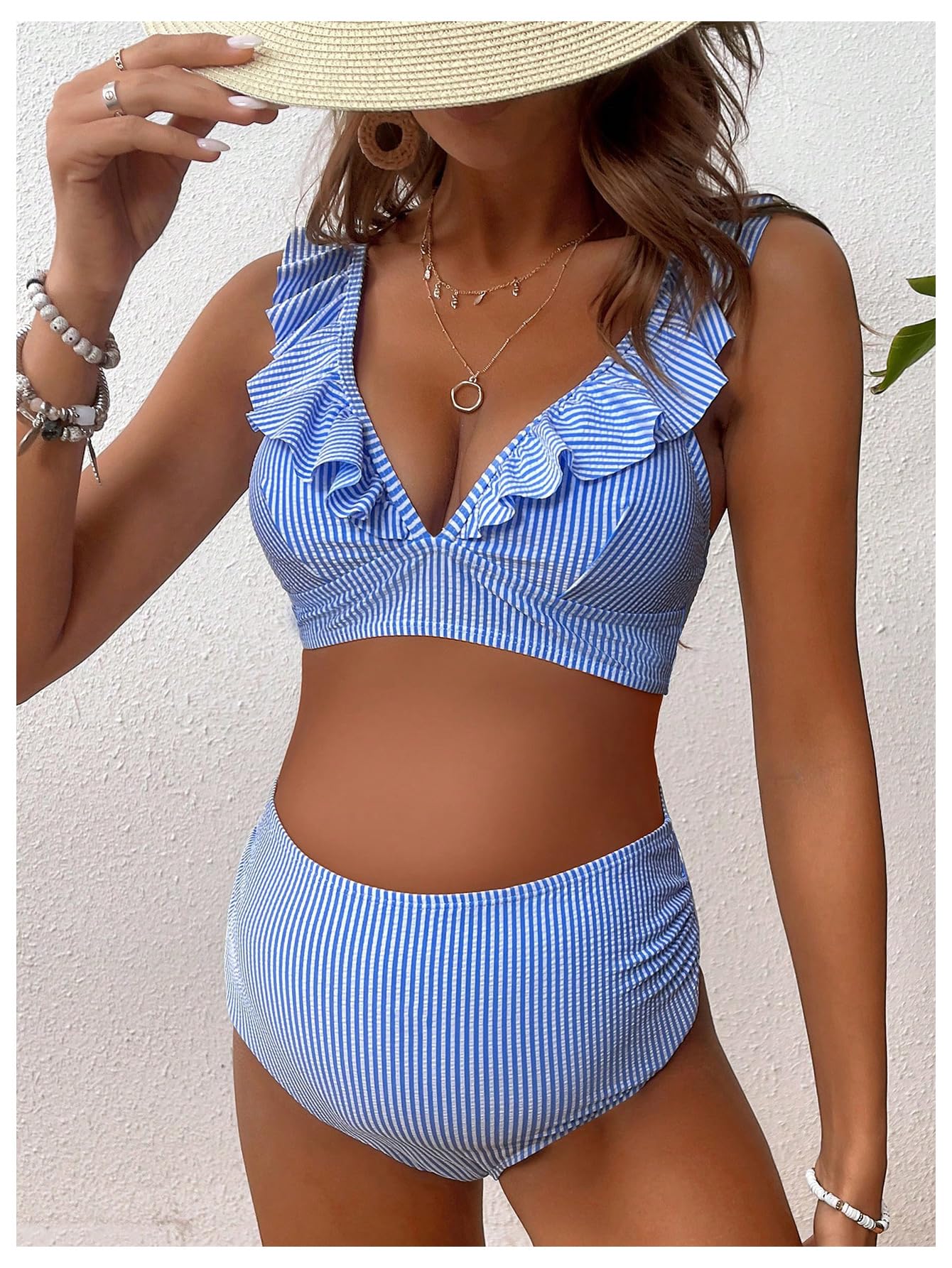 Floerns Costume da bagno premaman a righe con volant e scollo a V, 2 pezzi