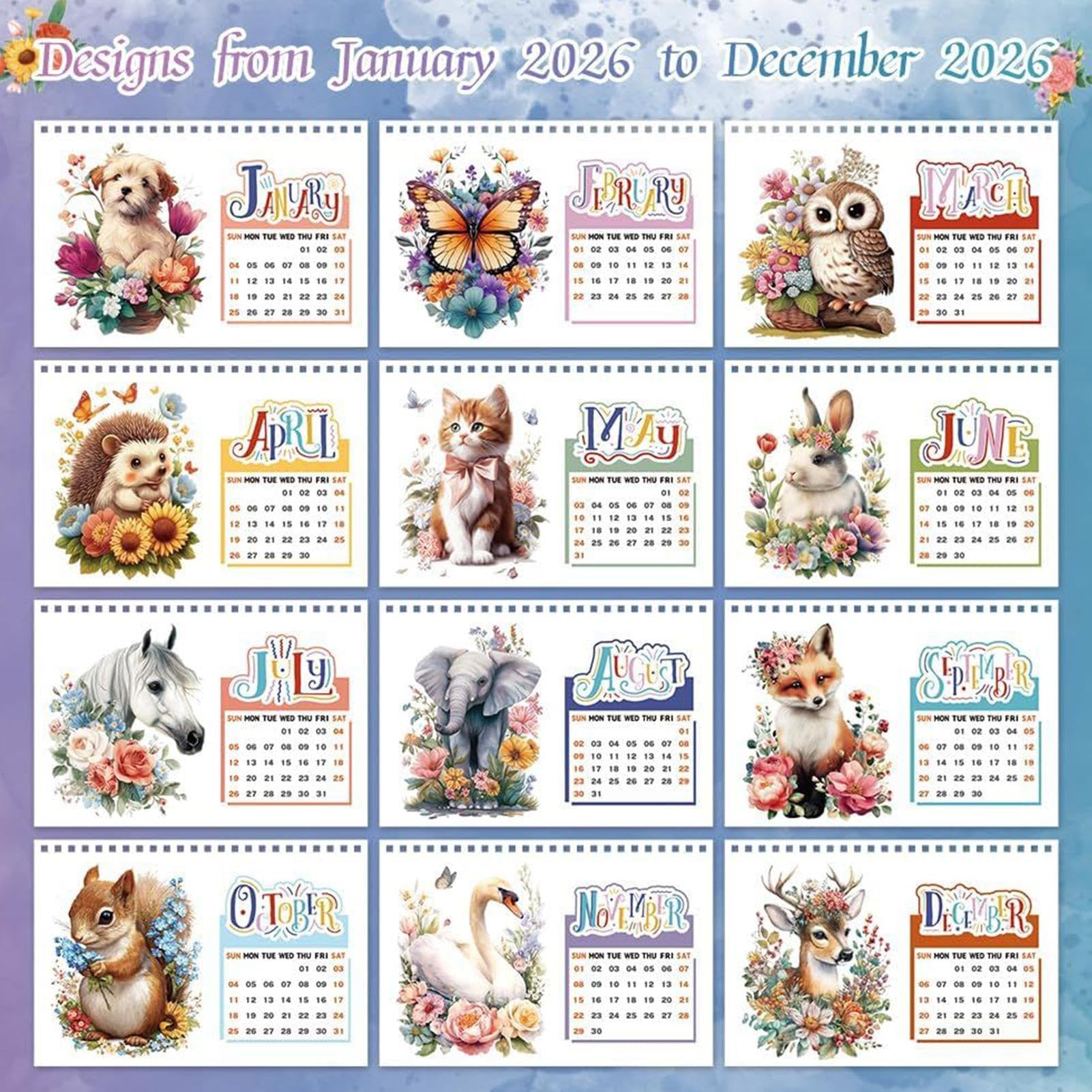 Kalendarz na biurko 2026 z obrazami ze zwierzętami ze strasu, od stycznia do grudnia, 25 x 20 cm, zestaw kalendarzy papierowych, urocze wzory zwierzęce, do domu, biura, szkoły