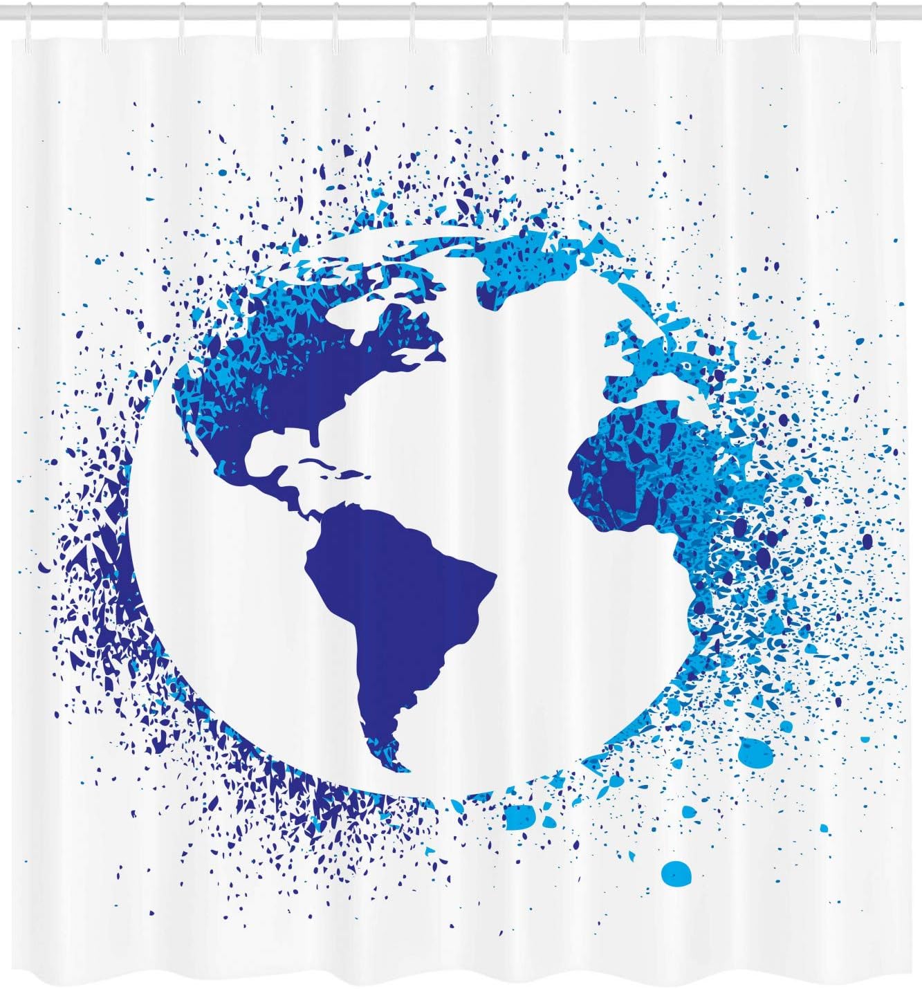 Ambesonne Grunge Shower Curtain, Globe with Ink Splatter Illustration Color Splashes All Over World Map Continents, Cloth Fabric Bathroom Decor Set with Hooks, 69" W x 70" L, Blue White