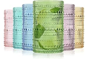 ZOOFOX Set of 6 Vintage Drinking Glasses, 12 Oz Colored Hobnail Glasses Tumbler