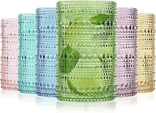 ZOOFOX Set of 6 Vintage Drinking Glasses, 12 Oz Colored Hobnail Glasses Tumbler, Embossed Design Glass Tumblers Set for Wa...