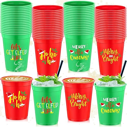 Jinei 100 vasos desechables de Navidad de 16 onzas, vasos de plástico para fiestas de Navidad, decoración de fiestas de Navidad, café, cacao