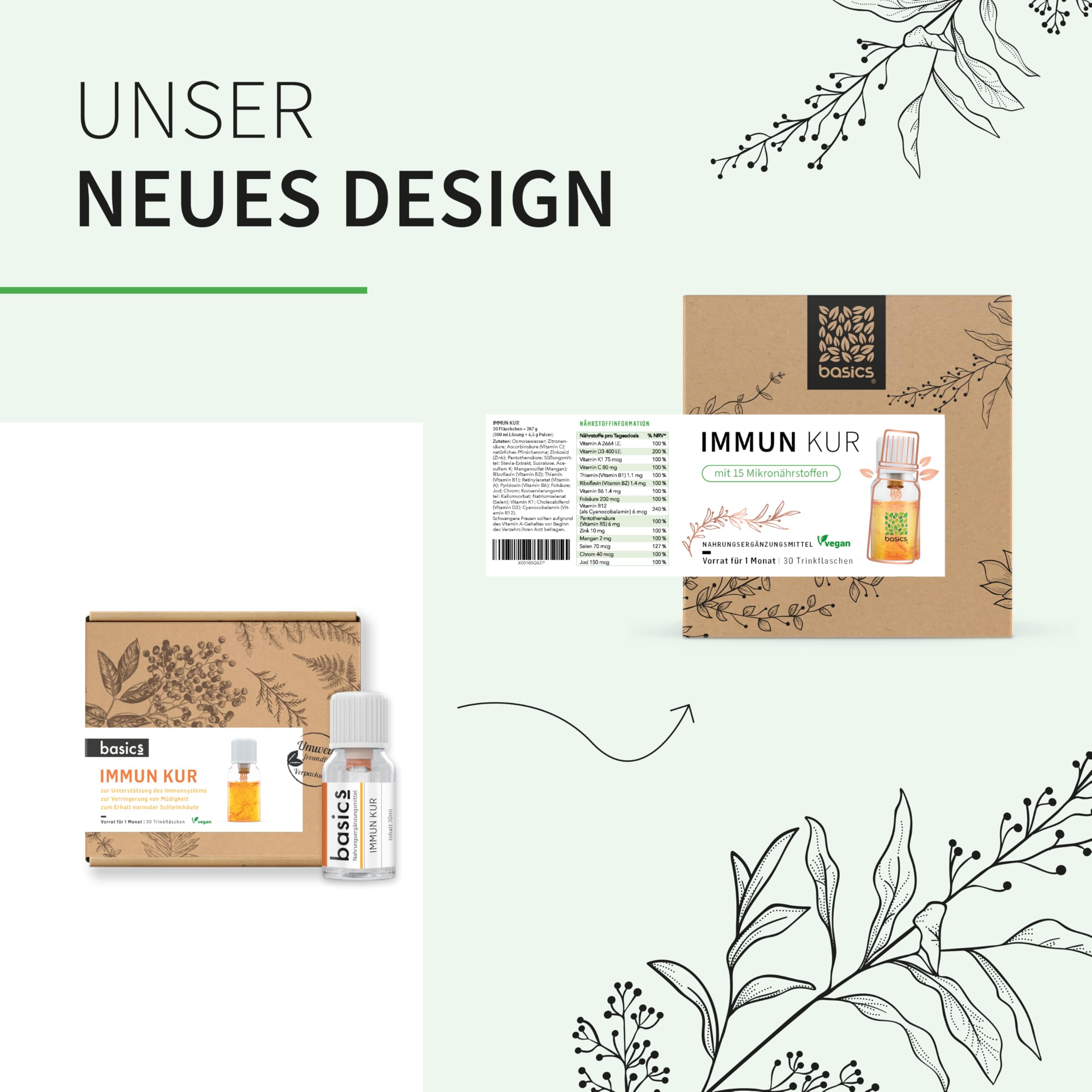 IMMUN KUR - Immunsystem stärken mit basics - Monatskur, 30 x 10ml Fläschchen - Hochdosiert, Kombination aus 15 Mikronährstoffen. Ohne unerwünschte Zusätze - Vegan - Laborgeprüft