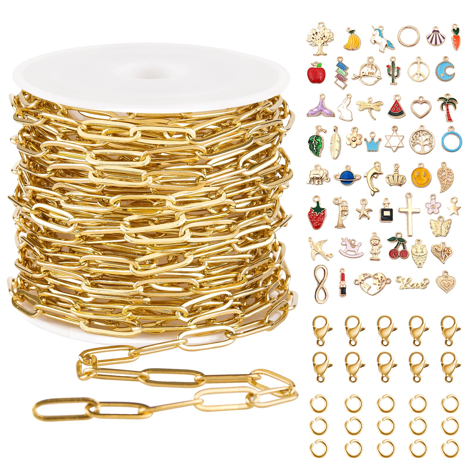 GTVOODX Necklace Chains for Jewelry Making, 16.4 Feet Paperclip Stainless Steel Gold Filled Chain Bulk Jewelry Making Supplies with Charm Pendants Jump Rings Lobster Clasps