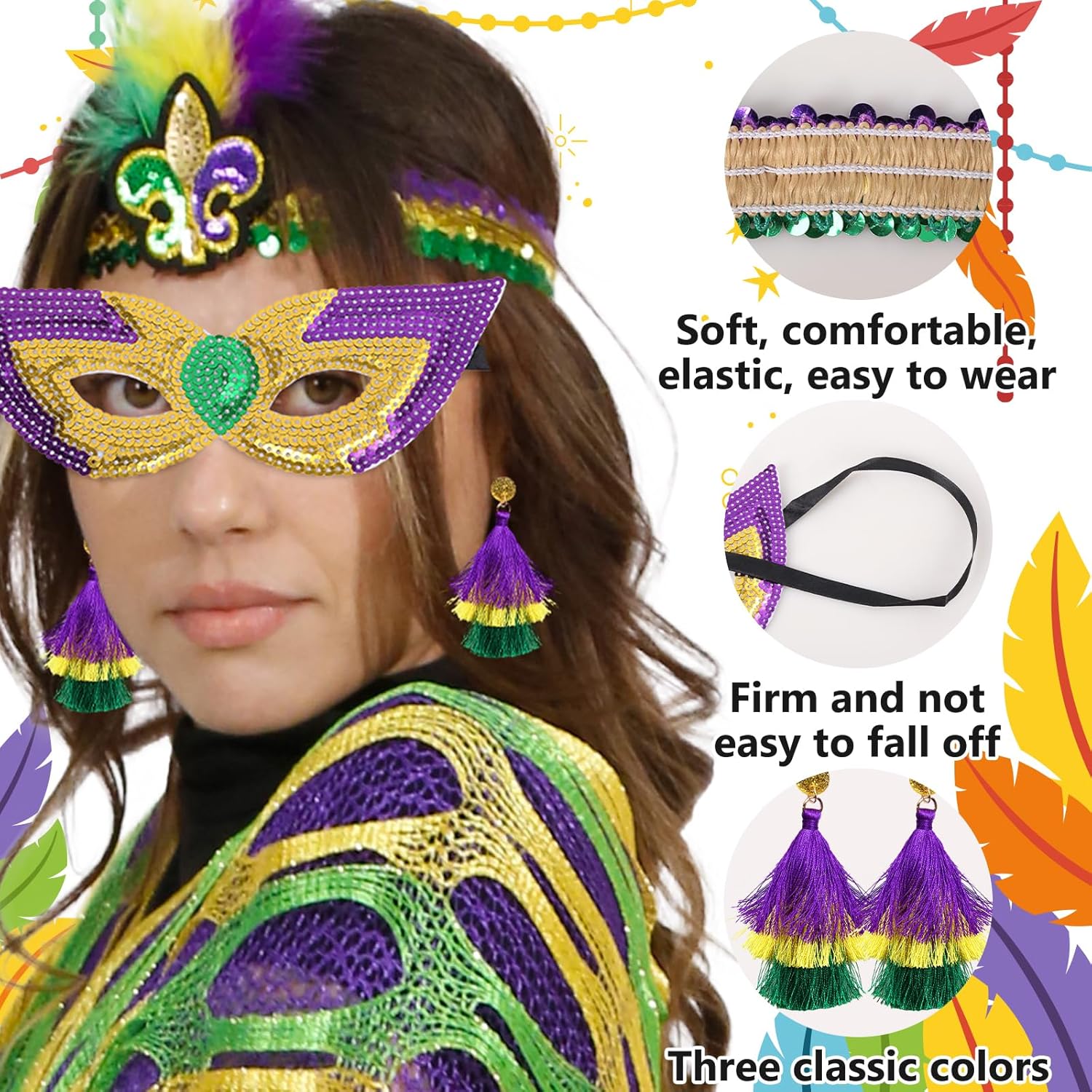 Aitsite 4Pcs Mardi Gras Outfit for Women,Shawl Scarf with Mardi Gras Accessories Including Mask Feather Headband Earrings - Image 5