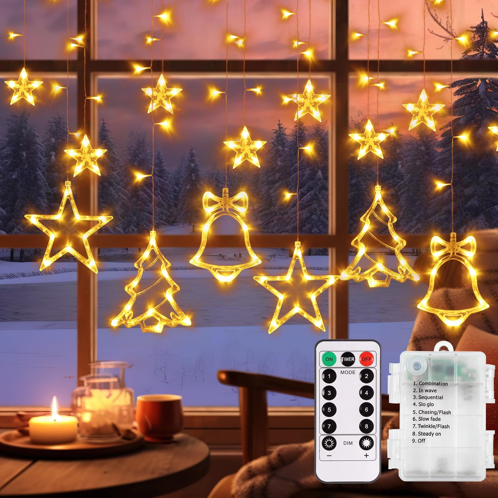 echosari Christmas Window Lights Battery Operated, 3.5M Curtain Lights with Remote Timer 138 LED Hanging String Lights for Wedding Party Garden Bedroom Christmas Window Decor