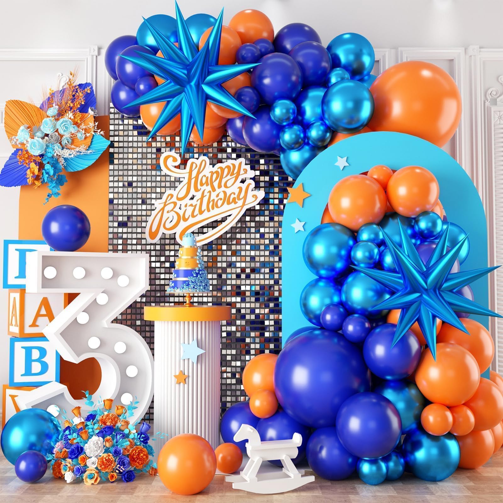 Orange Blue Balloon Garland Arch kit,Orange and Royal Blue Balloons With Star Foil Balloons for Birthday Decoration Wedding Baby Shower Engagement DIY