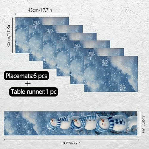 Miniatura 146 de Juego de manteles individuales y camino de mesa de muñeco de nieve y árbol de Navidad, 7 piezas (1 camino de mesa + 6 manteles individuales), diseño