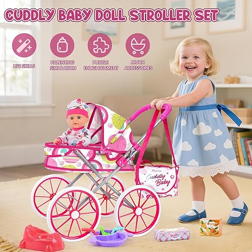 Miniatura 2 de Juego de cochecito de bebé con muñeca de 12.5 pulgadas, cambio de pañales, 2 ropa de muñeca, chupete, bolsa de almacenamiento, accesorios para