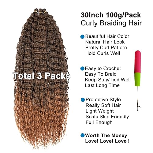 Miniatura 3 de Cabello rizado de ganchillo de 30 pulgadas, paquete de 3 unidades, cabello ondulado de ganchillo para mujeres negras, color marrón degradado,