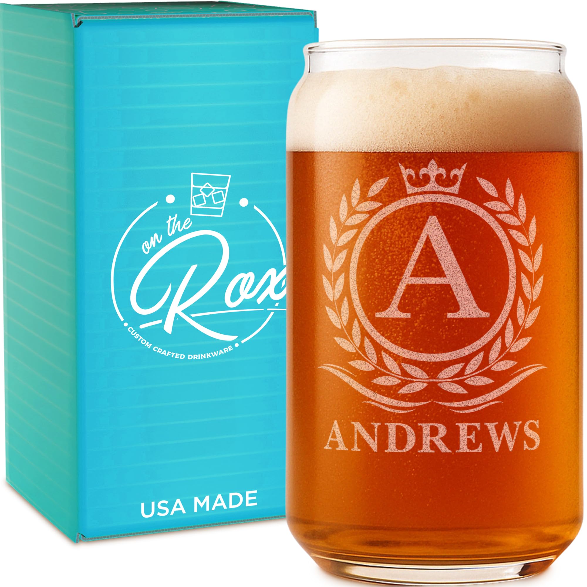 Personalized Beer Glass for Men – 16 oz Custom Beer Glass (4 Designs) – Engraved Name &amp; Initial Monogram Design – Custom Glass Cup – Gift Ready Box – Groomsmen, Father’s Day, Birthday Gift