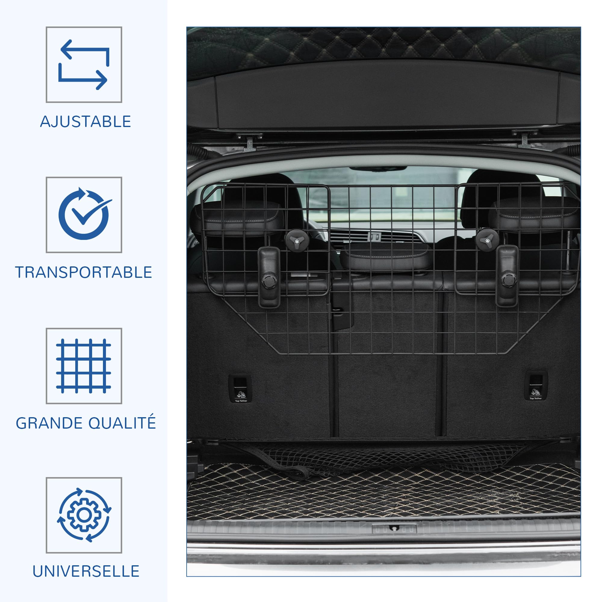 PawHut Grille de Protection Universelle pour Chien, barrière de sécurité de Voiture pour Chiens Largeur Ajustable 90 à 120 cm Facile à Installer sur la Plupart des Voitures SUV, Noir