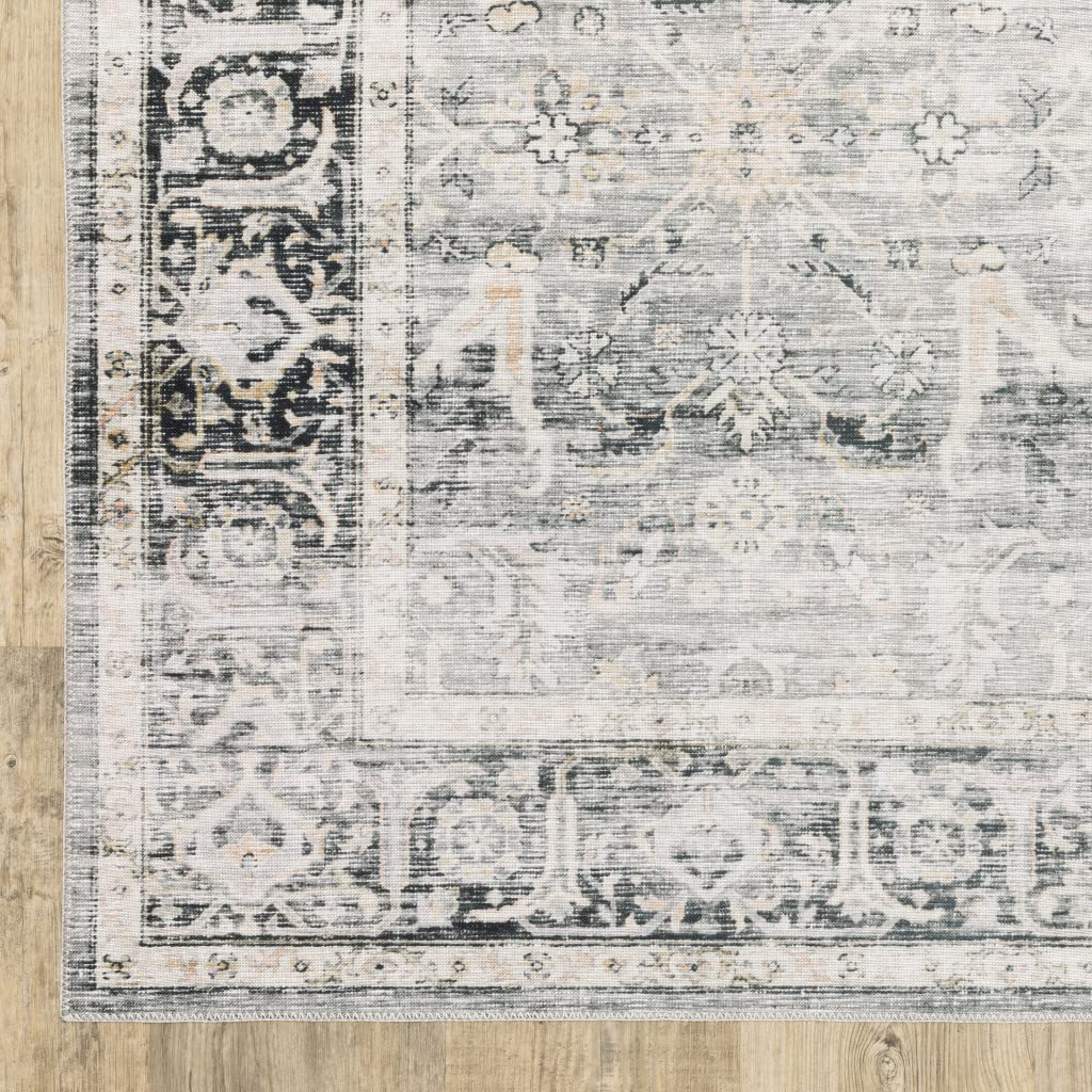 7 x 10 ft. Charcoal Gray Salmon & Ivory Oriental Printed Stain Resistant Non Skid Rectangle Area Rug - Gray and Ivory - 7 x 10 ft.