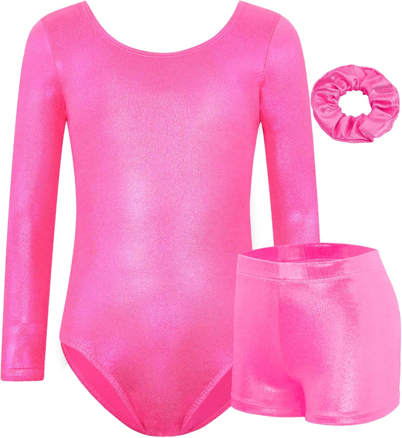 Long Sleeve Leotards for Girls with Sparkly Shorts, 4D Stretch Ballet Dance Gymnastics Tumbling Wear,Sizes 2-12T