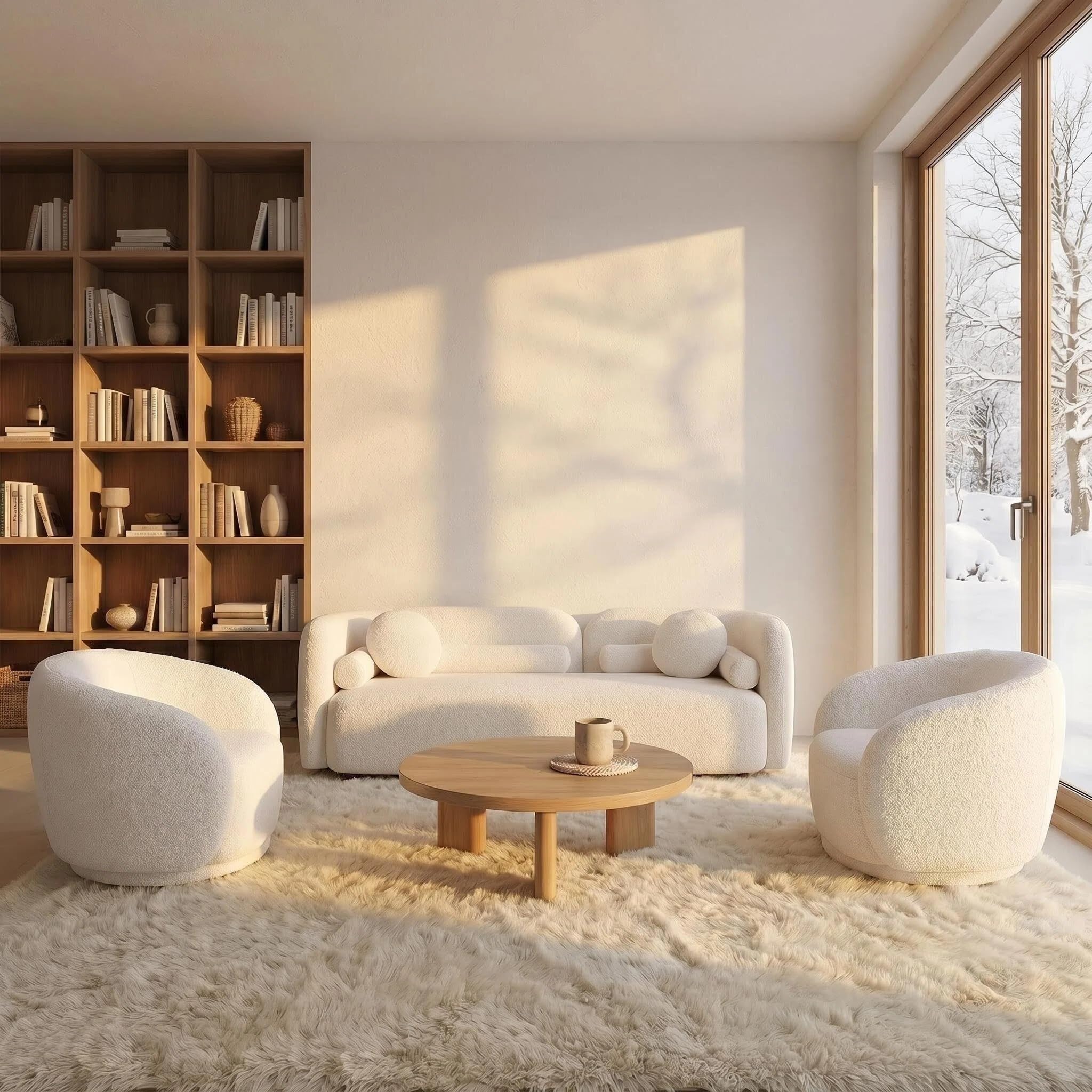 3-Piece Curved Sofa Set, White Boucle with Swivel Chairs