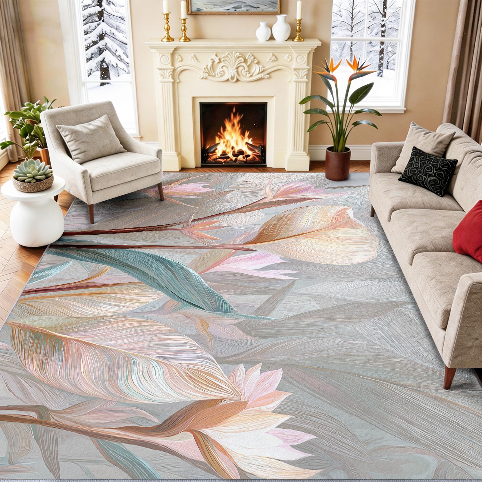 Minimalistisch Leichter Luxus Teppich 60 x 90 cm Kurzflor Hellgelb Beige Strelitzie Tropische Blätter, Waschbar, Pflegeleicht, Extra Weich Für Wohnzimmer, Schlafzimmer, Esszimmer
