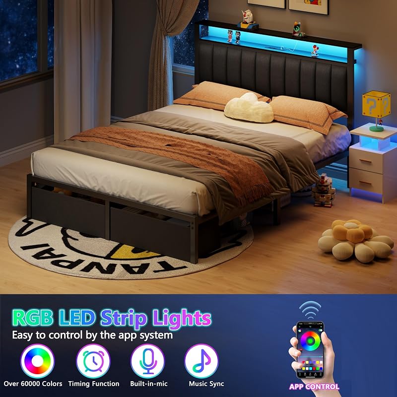 Furnulem Queen Bed Frame with Storage Drawers and Upholstered Headboard image 5