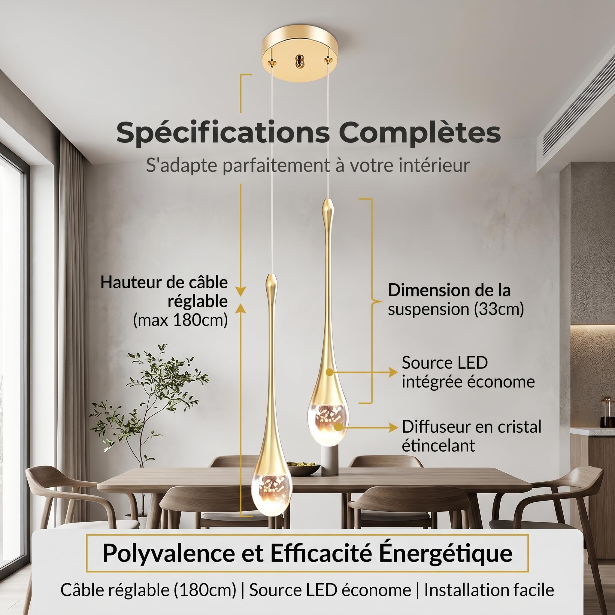 LED-Pendelleuchte 10W Kreative Moderne Moderne 2-flammige Hängeleuchte Wassertropfen Kristall-Deckenleuchte Kronleuchter für Wohnzimmer Restaurant Treppe