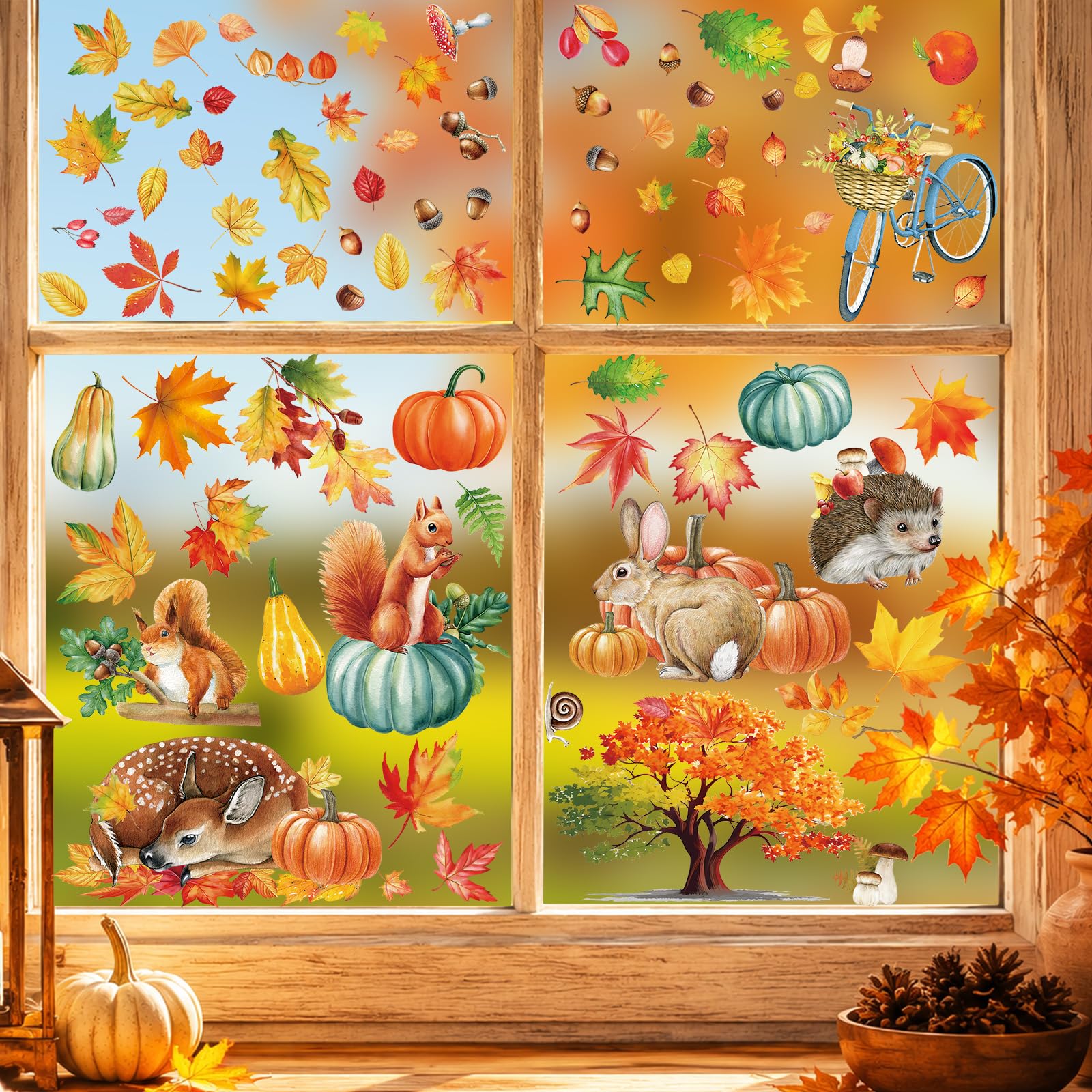 Aurathon Autumn Window Stickers 9 Sheets 84Pcs, Fall Maple Pumpkin Clings