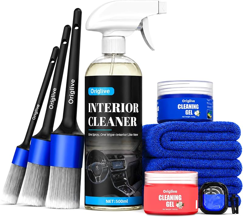 Kit de limpieza interior de automóvil de 10 piezas - Limpieza profunda sin enjuague | Set completo: limpiador, gel para polvo, cepillos, toallas y ambientador. Seguro para cuero, vinilo, tela y plástico.