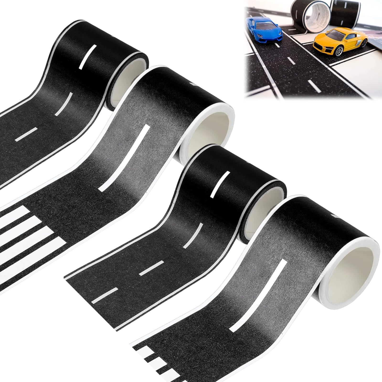 4 Pcs Road Tape for Toy Cars, 65.6FT Black Race Track Tape, Play Tapes Road, Race Car Tapes for Toy Cars, Easy Peel Play for Floor, Table & Walls
