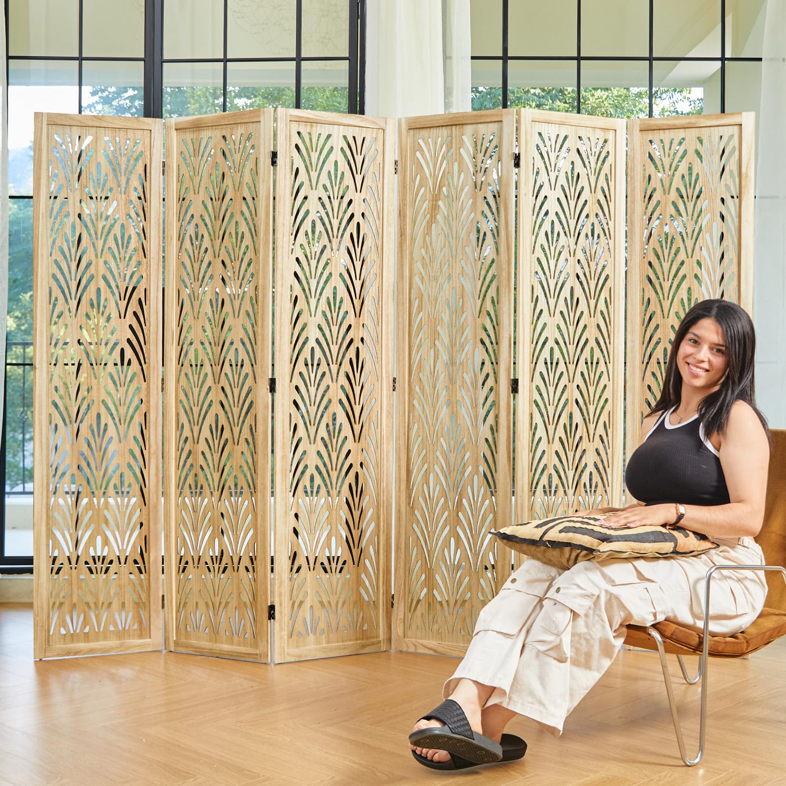 5.6Ft Room Divider Folding Wood Simple Carved Partition Screen for Home Office Garden - 6 Panels (Natural)